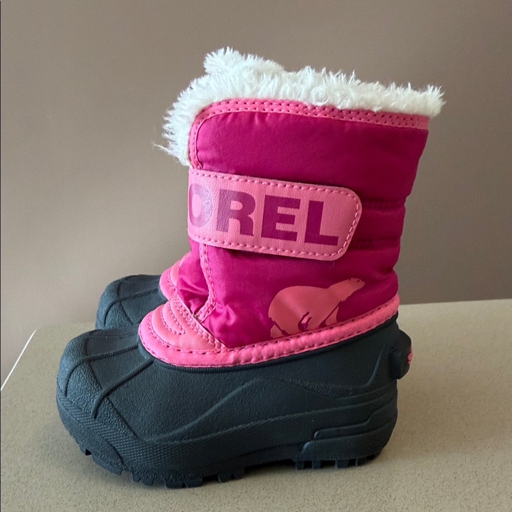Sorel Kids Hot Pink and Black Winter Boots with Faux Fur Cuff - Picture 5 of 12
